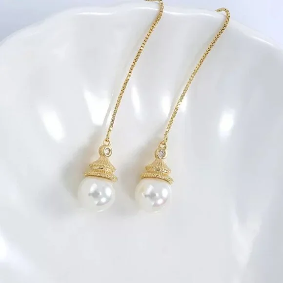 Cultured 7.75mm Pearl Earrings dangling from a 3.5 inch chain 18KY Plated - Picture 4 of 7